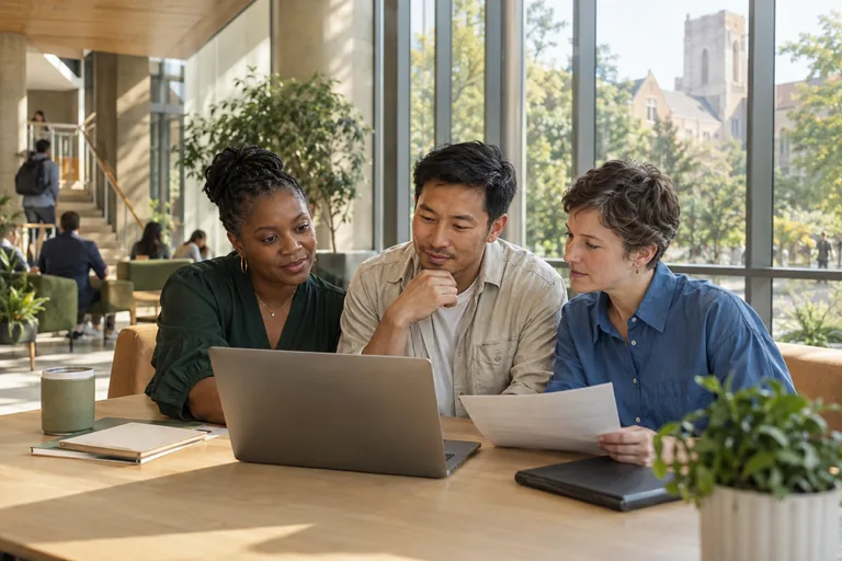 Illustrative scene of three admissions colleagues reviewing information together at a table beside campus windows.