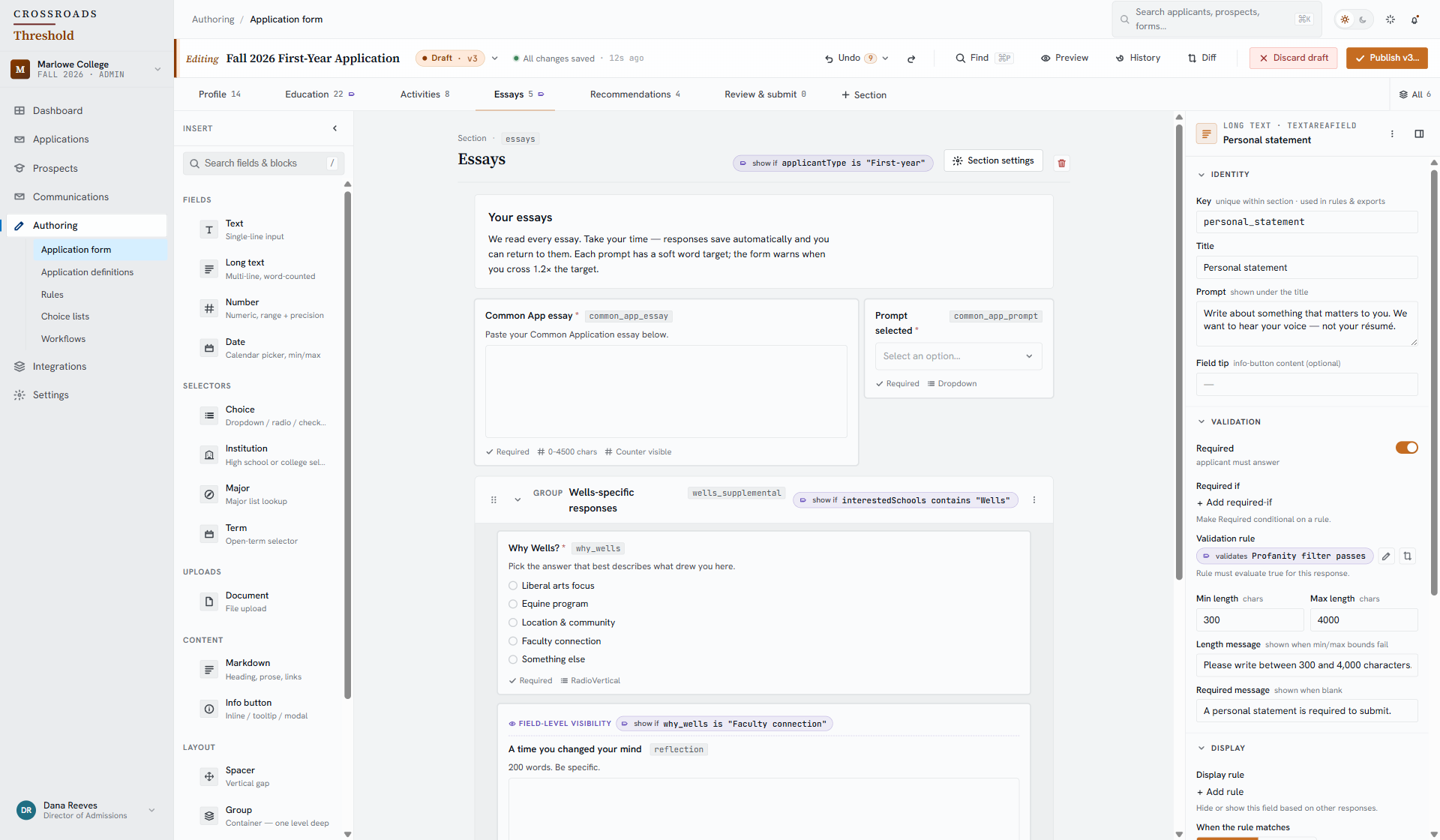 Crossroads application builder detail showing the Essays section, its first-year applicant visibility condition and the essay instructions below.