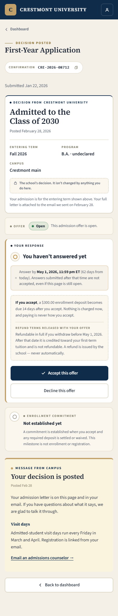 Example applicant offer awaiting a response, with a reply deadline, offer terms and separate Accept and Decline actions.