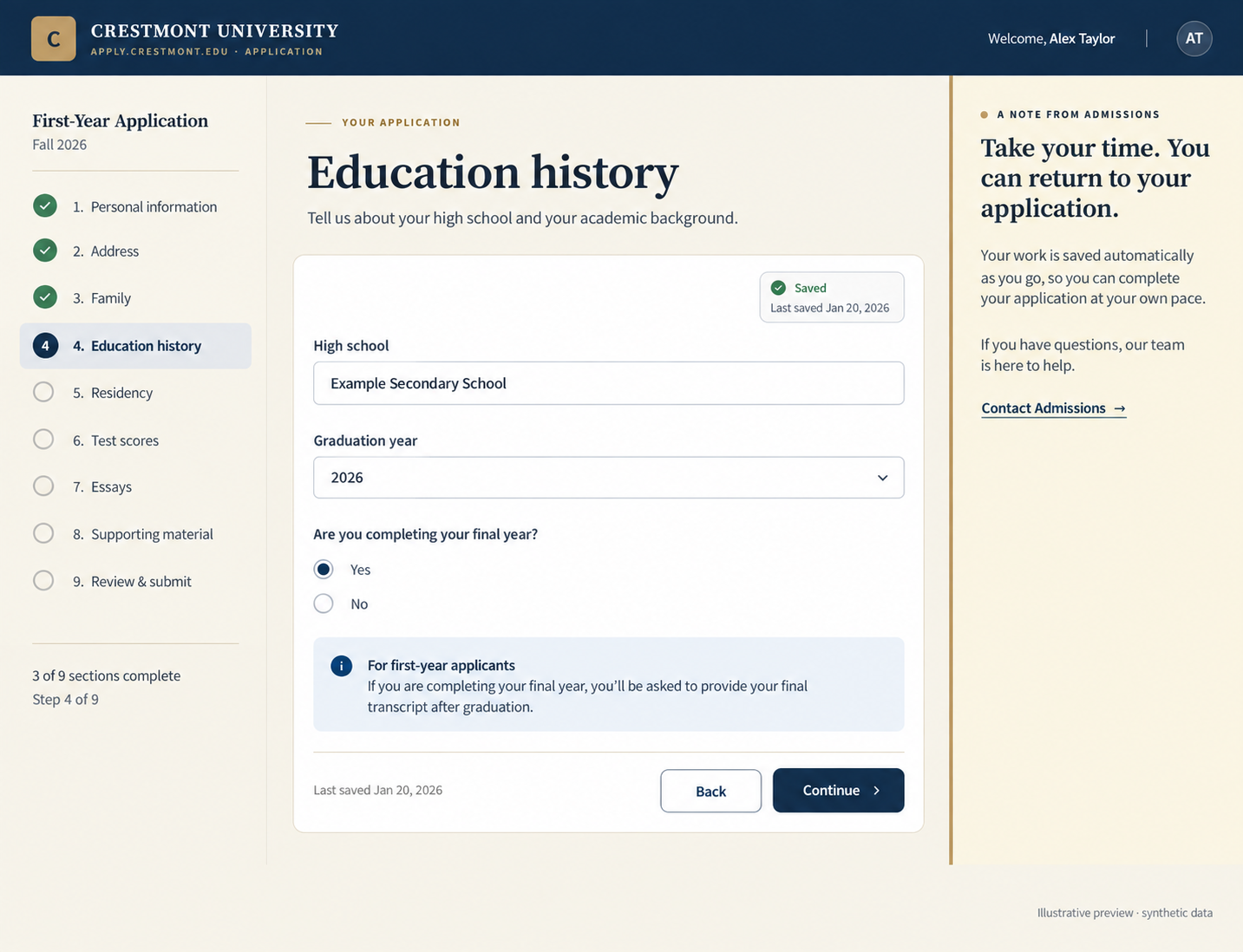 Illustrative application showing section progress, questions and the applicant's next step.