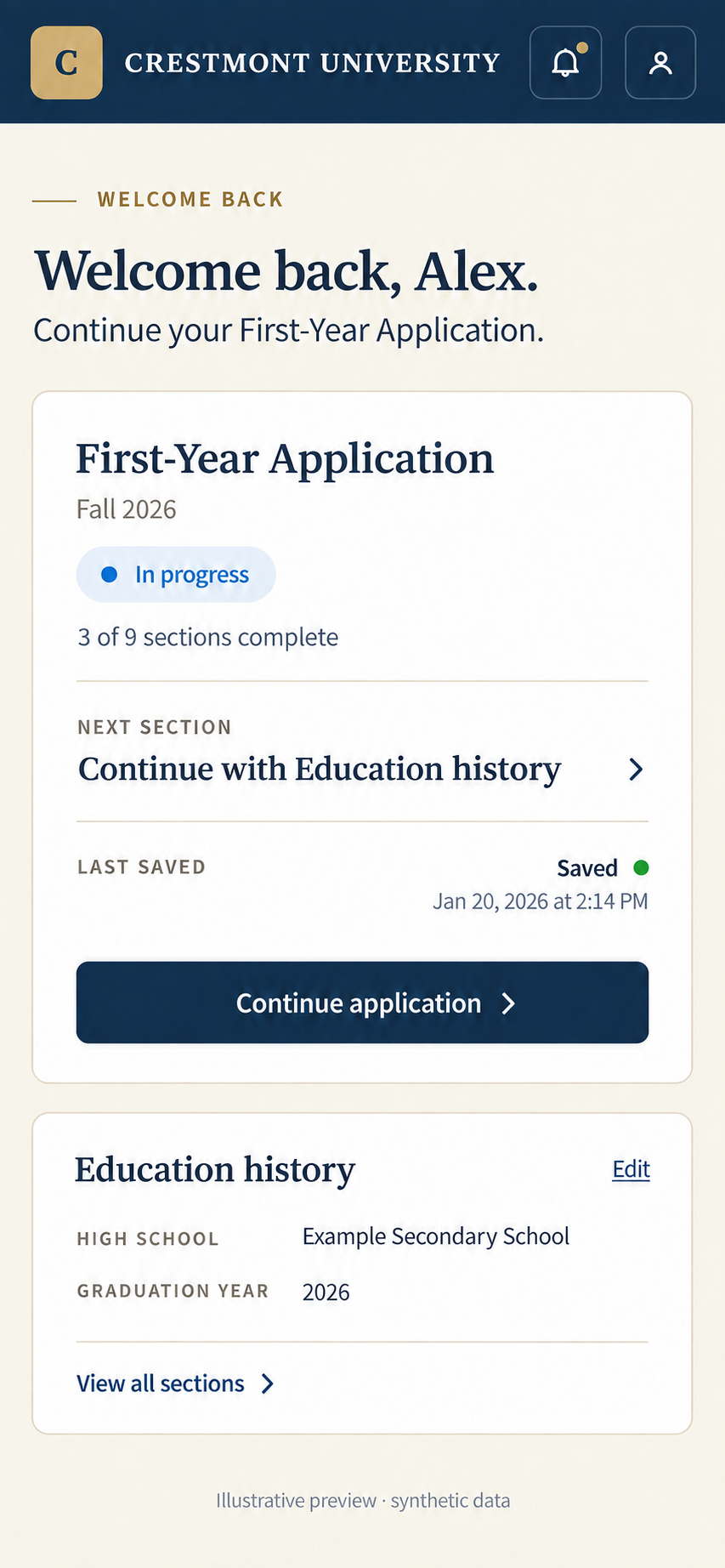 Illustrative returning-applicant view with an application in progress and an action to continue.