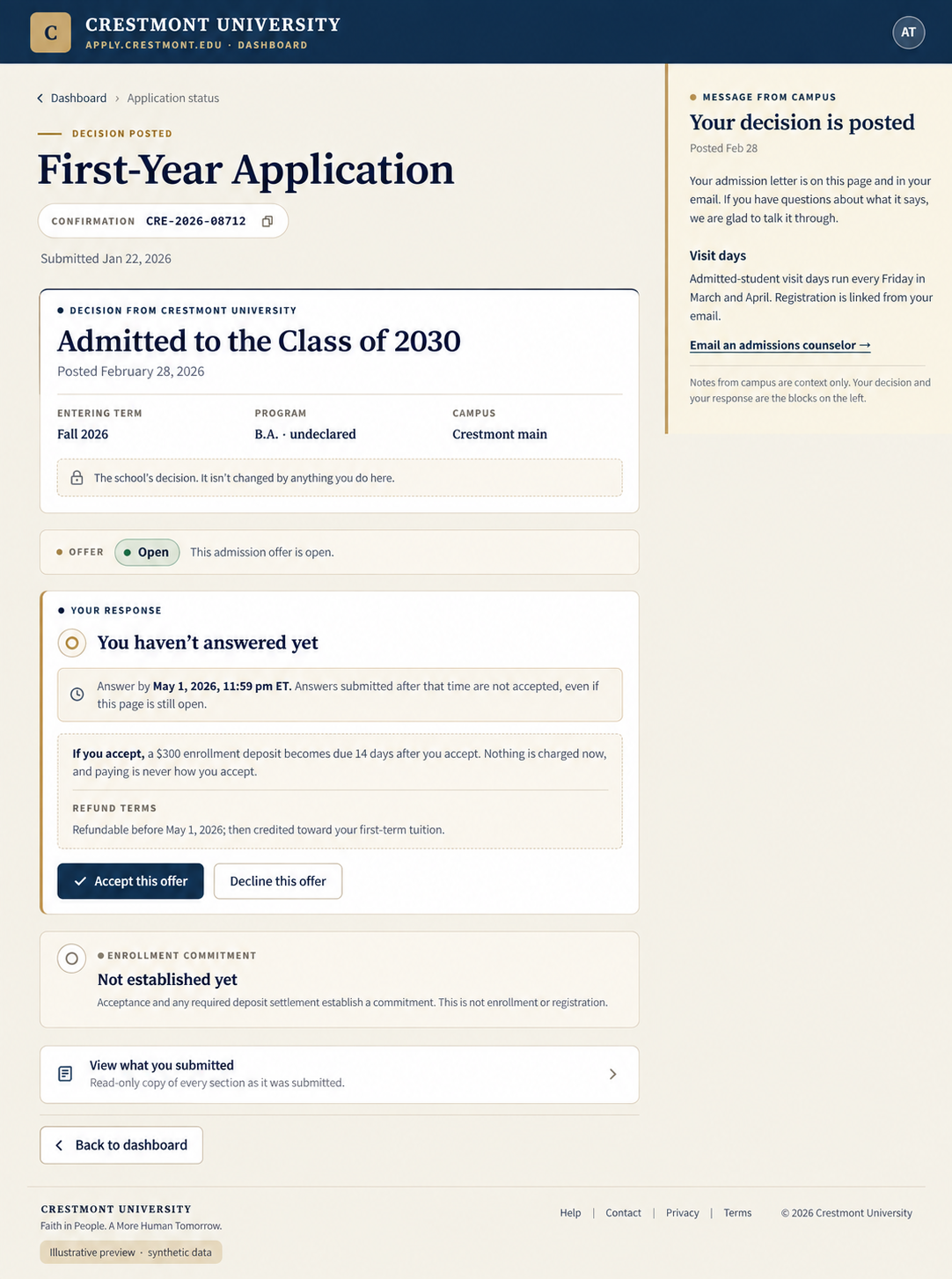 Illustrative applicant page with an open offer awaiting a response, a reply deadline, offer terms and separate Accept and Decline actions.