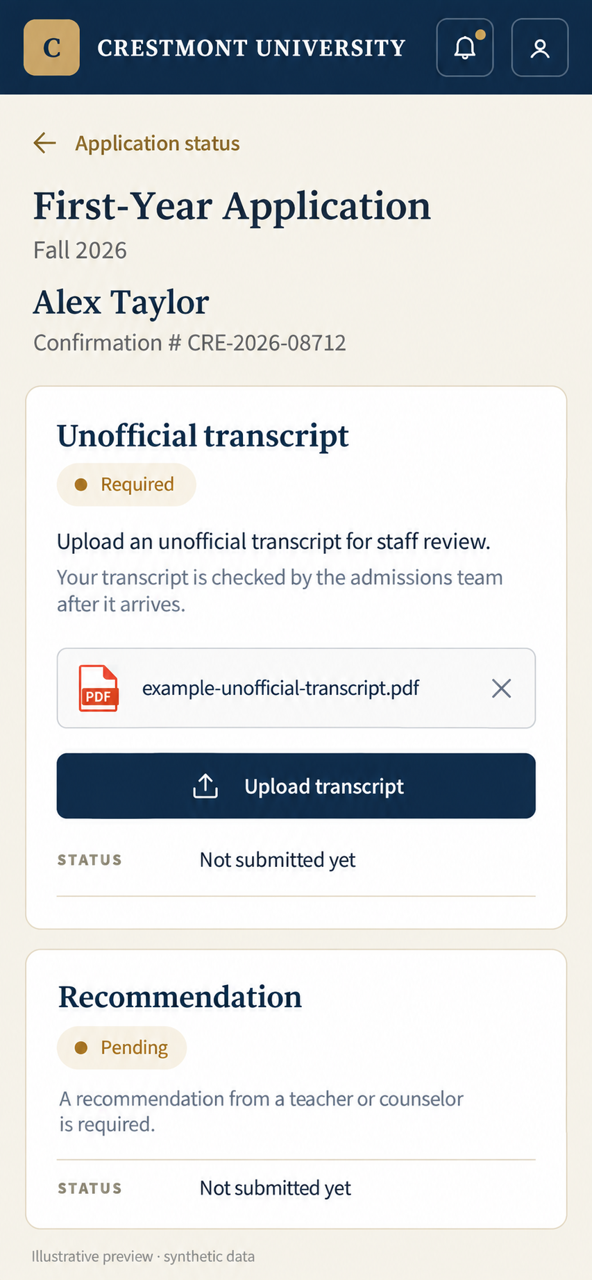 Illustrative applicant detail explaining the unofficial transcript requirement, showing a selected example PDF and the Upload transcript action. The document has not been submitted yet.